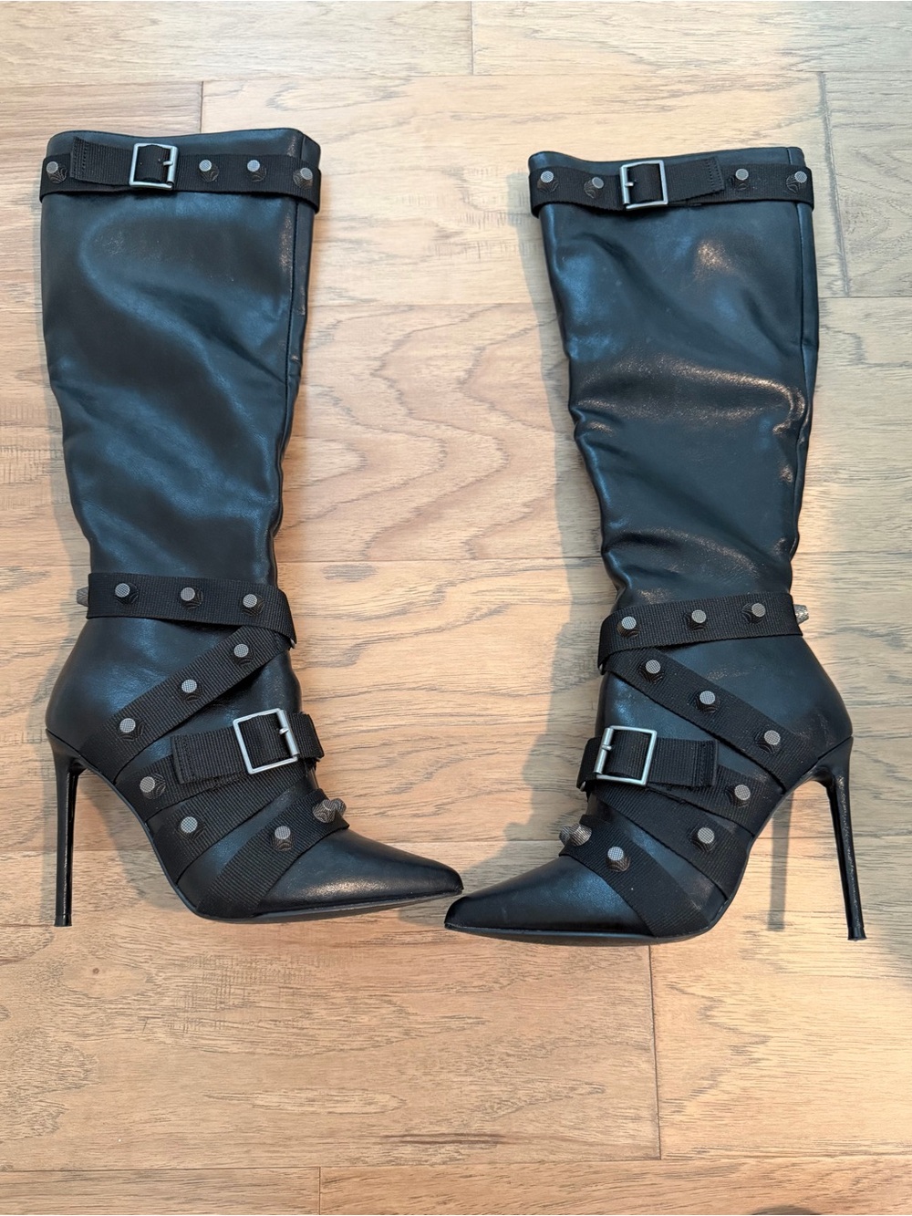 Steve Madden Black Pointed-Toe Knee-High Stiletto Boots with Buckle Straps